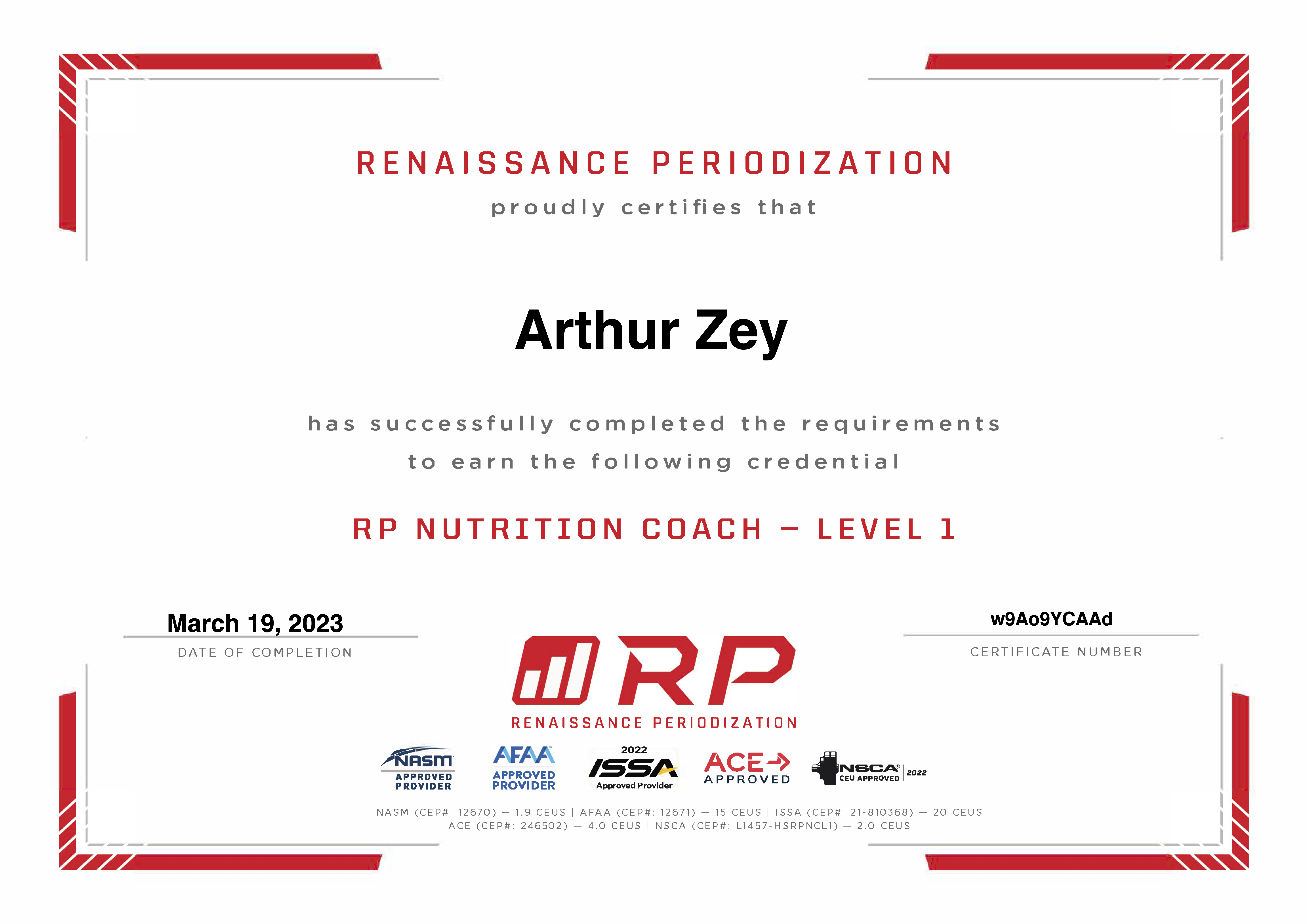 Certified Nutrition Coach Level 1 certificate awarded to Arthur Zey by Renaissance Periodization